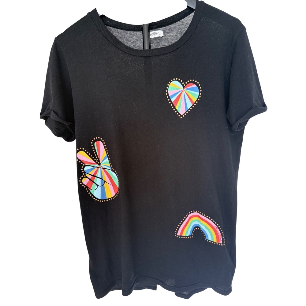 Lauren‎ Moshi Edda Studded Stripe Peace Tee Black Rainbow Graphic T Shirt XS